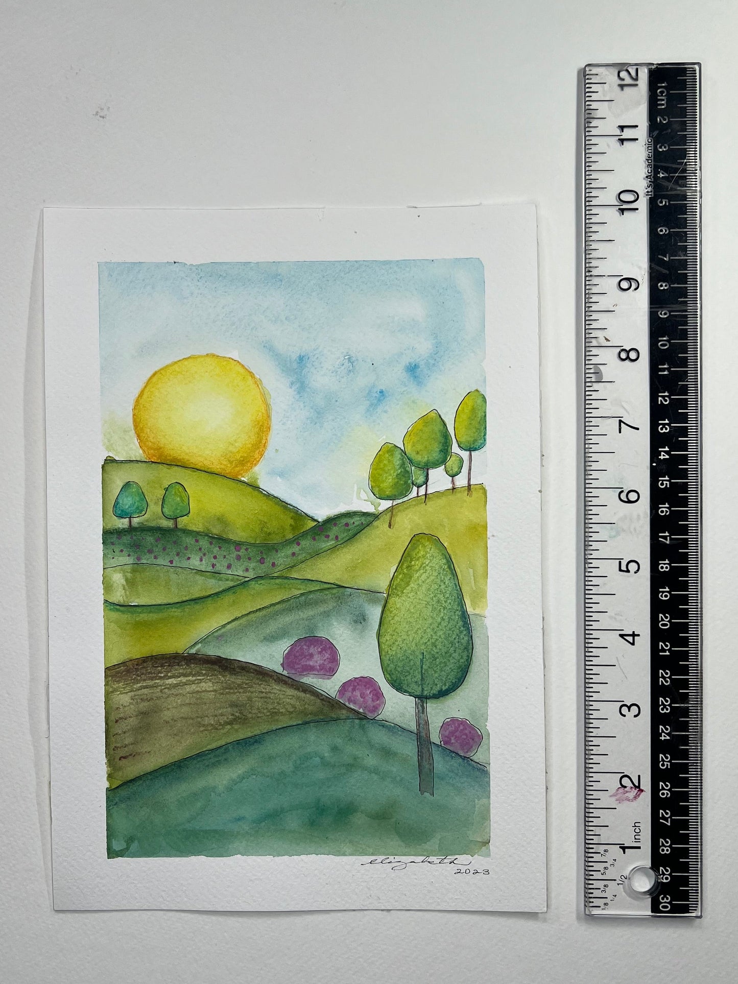 Original Artwork: "Happy Hills" Watercolor and mixed media