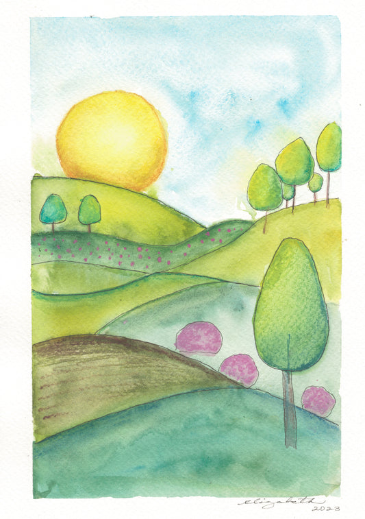 Original Artwork: "Happy Hills" Watercolor and mixed media