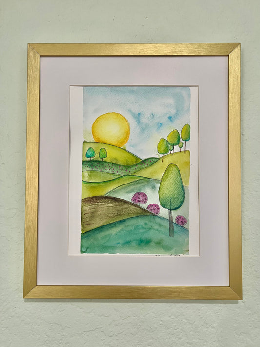 Original Artwork: "Happy Hills" Watercolor and mixed media